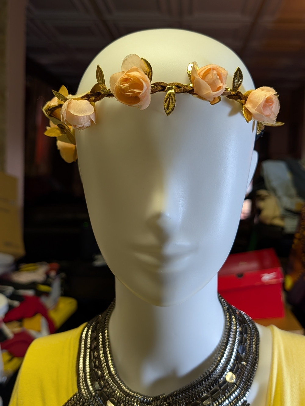 Peach Floral Rose Crown Headband with Gold Leaves